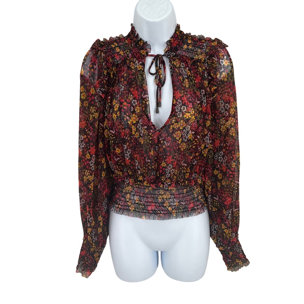 Free People Blouse Womens Small Multicolor Mesh Floral Smocked Boho Keyhole Tie